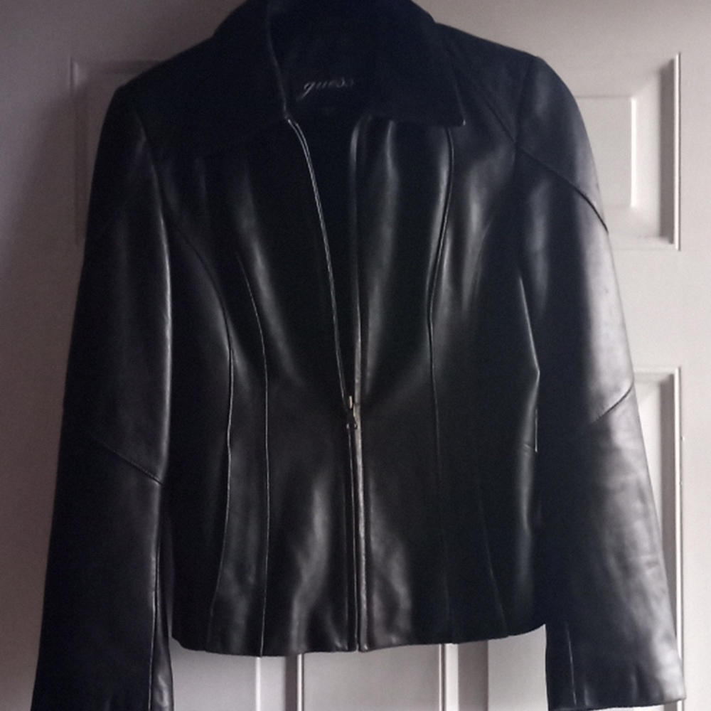 Used women black leather coat